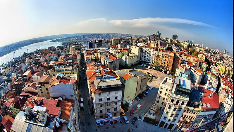 fisheye view of istanbul turkey, fisheye, city, streets, sky, harbor, HD wallpaper