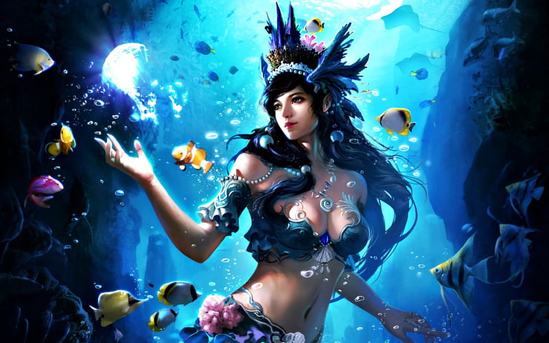 Ocean banquet, art, fantasy, girl, fish, liangxinxin, mermaid, woman, blue, HD wallpaper