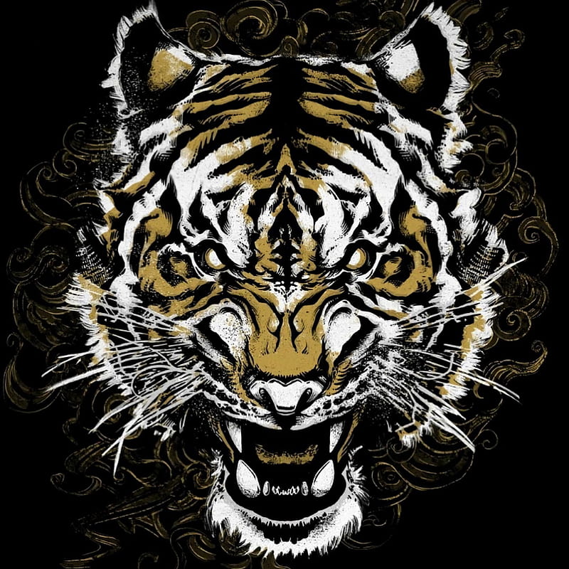 tiger, grin, art, predator, muzzle, HD phone wallpaper