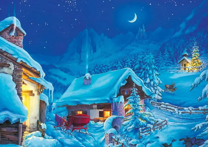 Winter wonderland, pretty, cottages, covered, bonito, snowy, santa claus, lights, nice, moon, painting, village, frost, stars, art, lovely, holiday, christmas, houses, wonderland, sky, winter, serenity, snow, snowflakes, peaceful, frozen, HD wallpaper