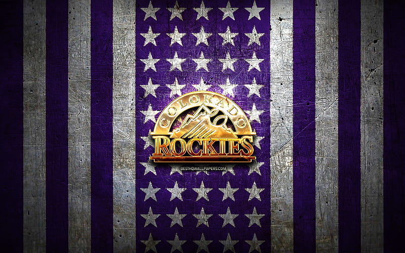 Colorado Rockies flag, MLB, violet white metal background, american baseball team, Colorado Rockies logo, USA, baseball, Colorado Rockies golden logo, HD wallpaper