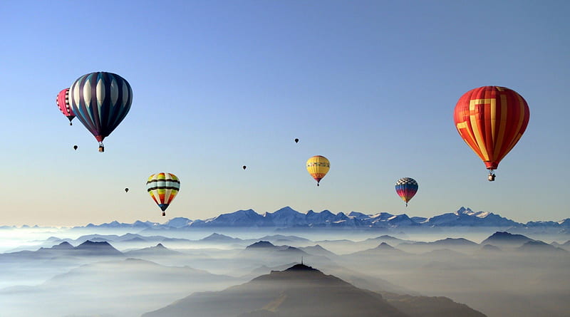 colorful hot air balloons above the clouds, peaks, clouds, mountains, balloons, HD wallpaper