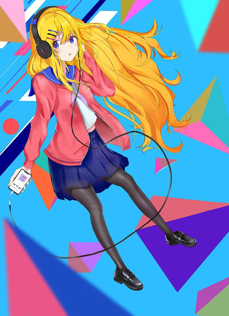 girl, headphones, player, music, anime, HD phone wallpaper
