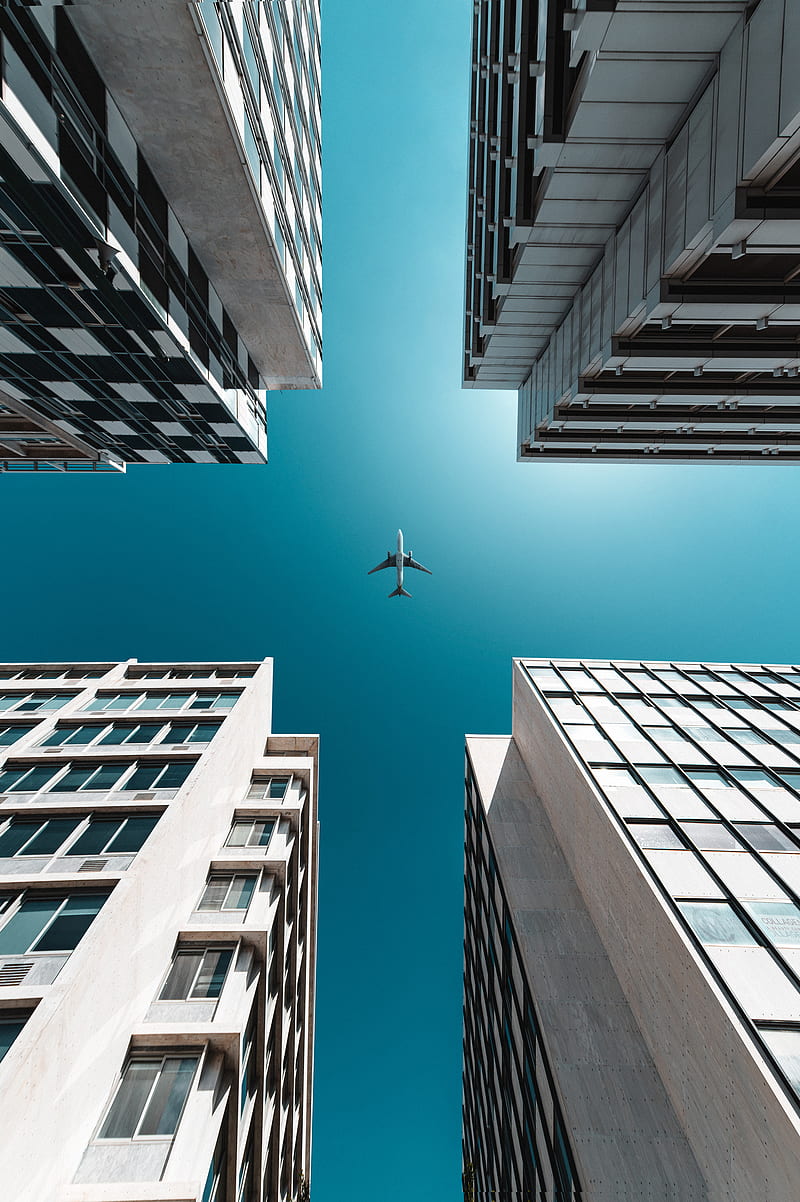 buildings, sky, plane, bottom view, HD phone wallpaper