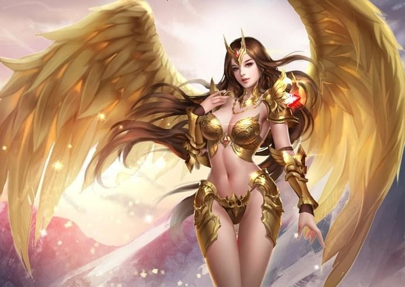 Angel, frumusete, fantasy, wings, luminos, girl, golden, xiong jiajie, HD wallpaper