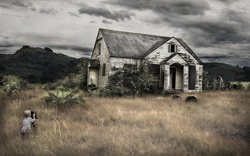 Old Shack, grapher, dry grass, dark clouds, old house, HD wallpaper | Peakpx