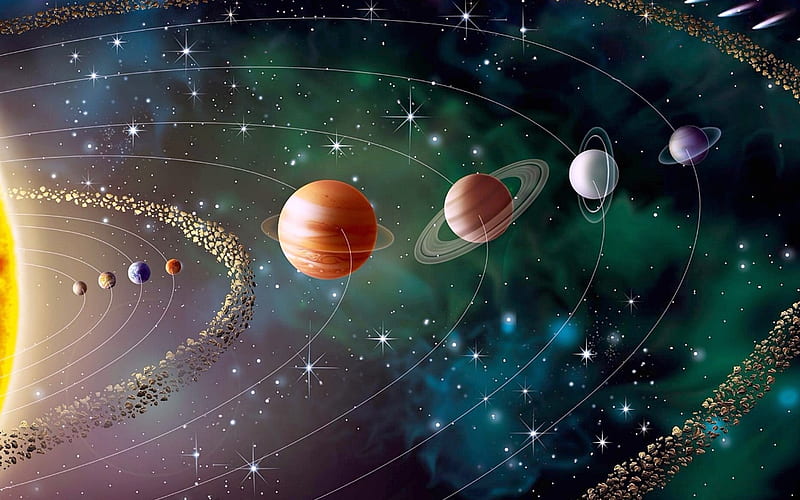 solar system, 3D art, asteroids, Sun, Venus, Pluto, Uranus, Earth, Mars, Neptune, Jupiter, Mercury, spaceship, planetary series, planets, galaxy, sci-fi, HD wallpaper