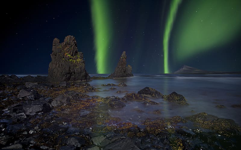 The shore at Trekyllisvik, Iceland, coast, northern lights, HD wallpaper
