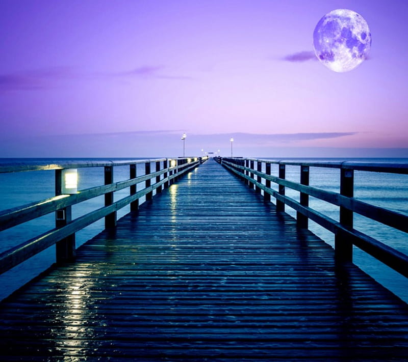 Wharf moon, moon, lovely, bridge, wharf, HD wallpaper