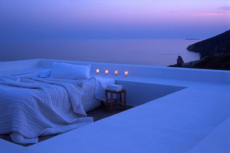 The best place for dream, space, place, over the sea, bed, candles, corner, best, dream, pink sky, HD wallpaper