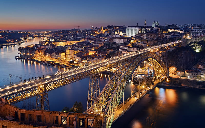 Gaia, Porto, Vila Nova de Gaia, Luis I Bridge, arch bridge, evening, sunset, Porto cityscape, Portugal, HD wallpaper