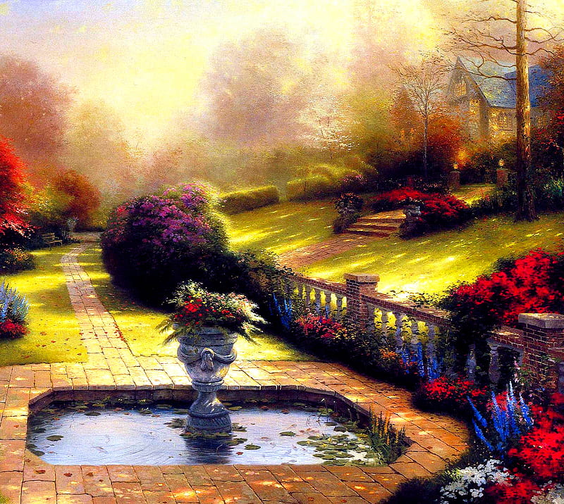 Beautiful Garden, flowers, fountain, house, new, painting, HD wallpaper