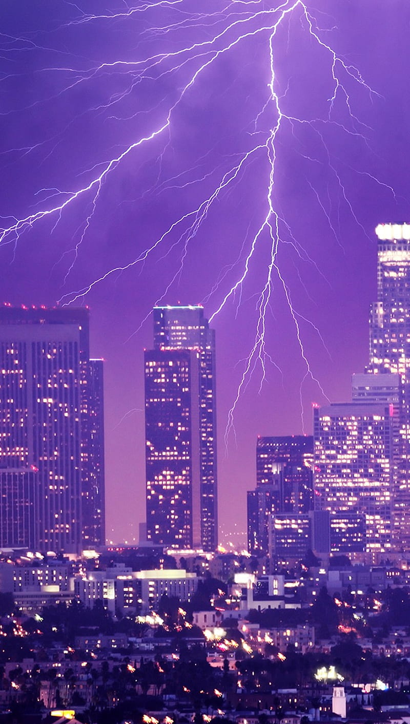 Lightning, city, dark, nature, night, purple, rain, storme, HD phone wallpaper