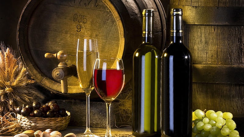 Enjoy A Glass Of Wine, grapes, barrel, wine, bottle, HD wallpaper