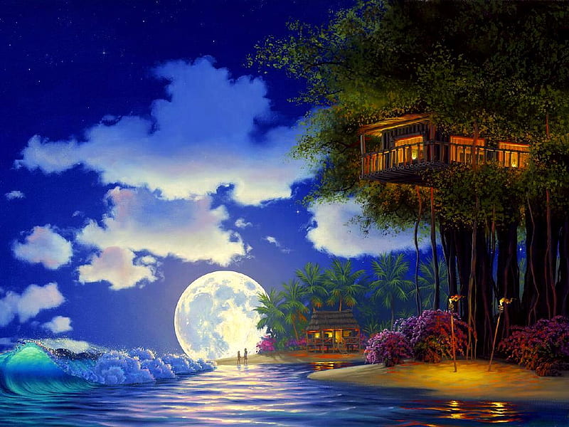 Romantic Interlude, house, water, full moon, tree house, waves, trees ...