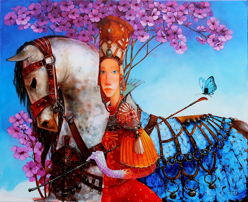 :), art, orange, spring, horse, merab gagiladze, cal, fantasy, butterfly, girl, painting, surreal, pink, pictura, blue, HD wallpaper