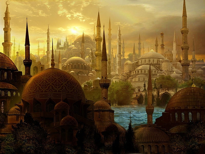 Only a Vision..., sunset, minarets, vltava river, mosques, HD wallpaper