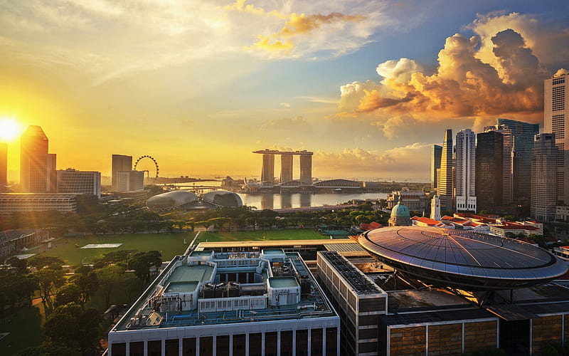 Singapore, Marina Bay Sands, sunrise, skyscrapers, hotels, asia, morning, HD wallpaper