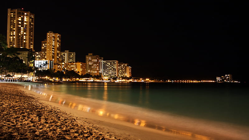 Hawaiian Nights, beach, city, hawaii, lights, HD wallpaper