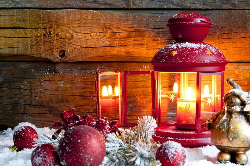 Christmas lantern, lantern, christmas, holiday, decoration, bonito, ornmaments, branch, wall, candles, winter, balls, arrangement, light, HD wallpaper