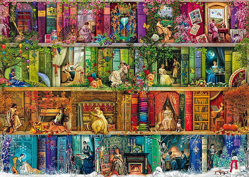 Back to the past, colorful, fantasy, luminos, past, back, shelves, aimee stewart, HD wallpaper