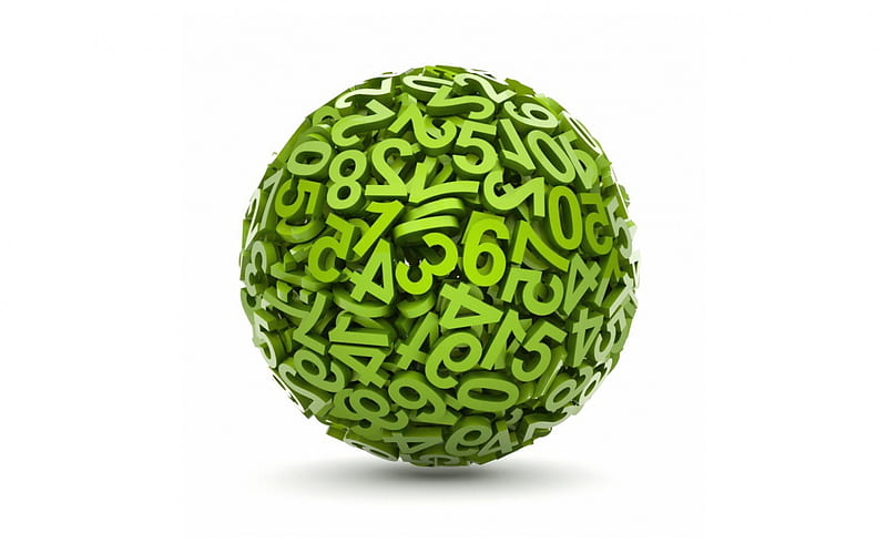 3d green ball, white background, 3d ball of numbers, numbers concepts, mathematics, HD wallpaper