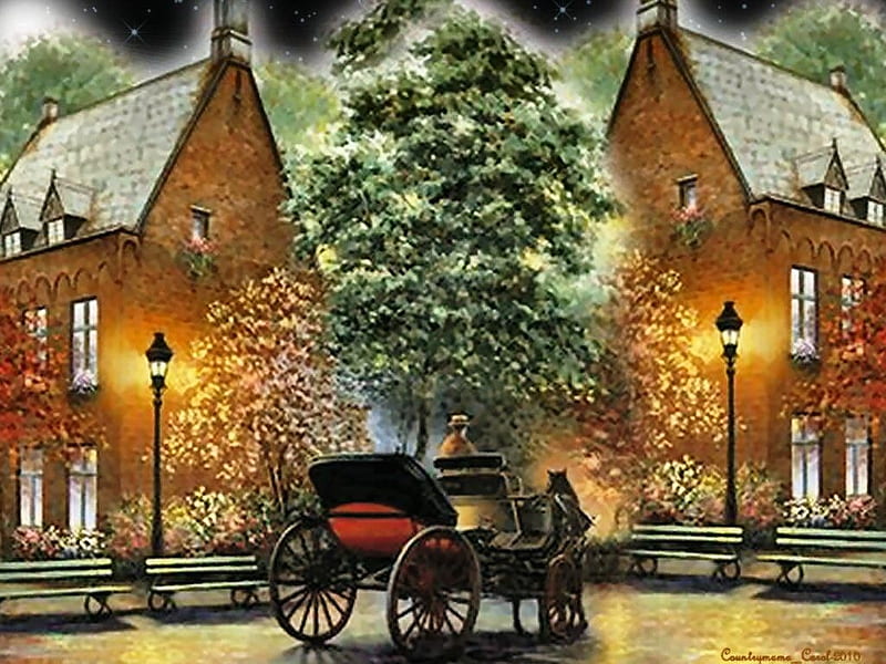 A carriage ride home, tree, christmas, holiday, snow, home, horse, carriage, winter, HD wallpaper