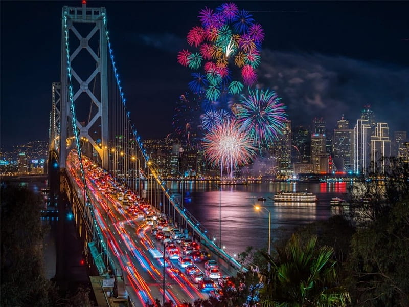 Fireworks over San Francisco, california, golden gate bridge, bridges, fireworks, cityscapes, san francisco, night, HD wallpaper