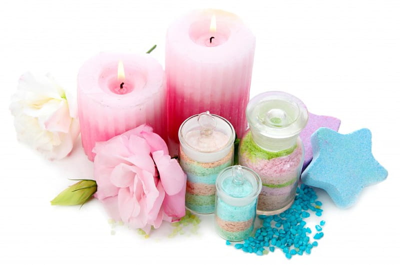 Relaxing Spa, rose, spa, bath, salt, pink, candles, HD wallpaper