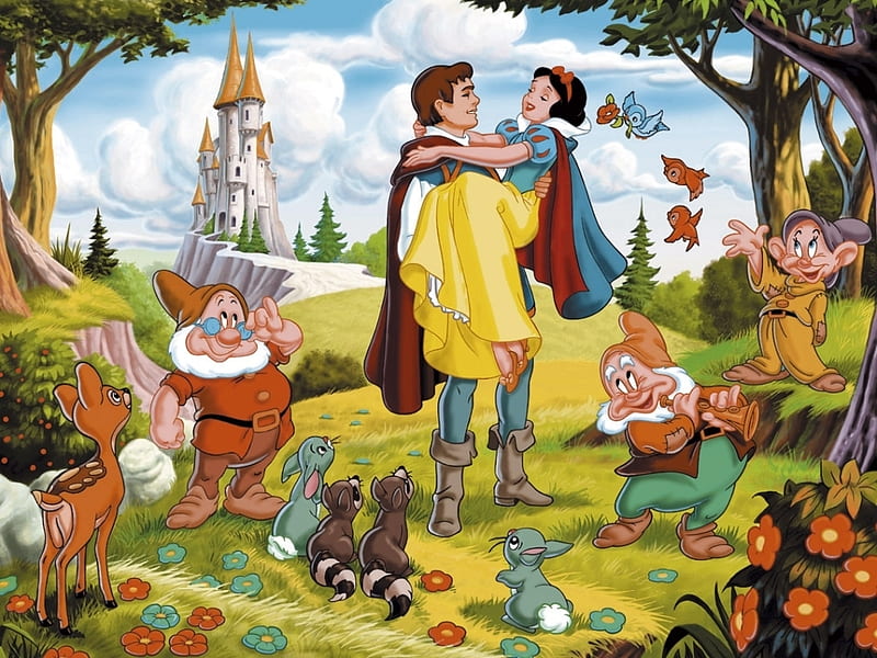 snow White and the Seven Dwarfs , dwarfs, prince, castle, animals, HD wallpaper