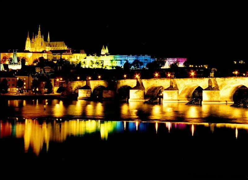 Prague at night, bridge, prague, castle, night, HD wallpaper