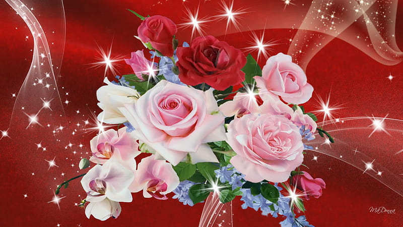 Valentines Bouquet For You, valentines day, stars, romantic, red satin,  shine, HD wallpaper