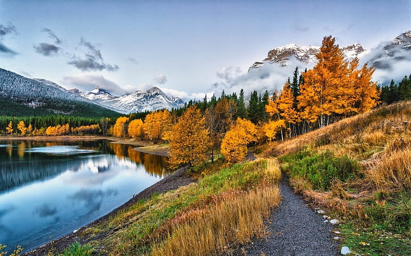 nature, mountains, water, landscape, autumn, yellow, HD wallpaper