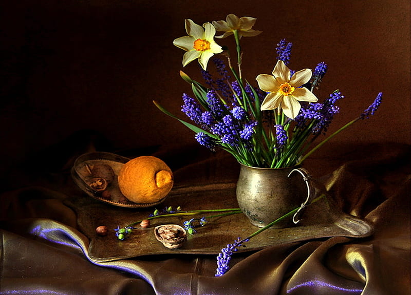 Light And Dark, brass vase, satin, orange, daffodils, fruit, still life, silver tray, fabric, tray, flowers, purple satin, HD wallpaper