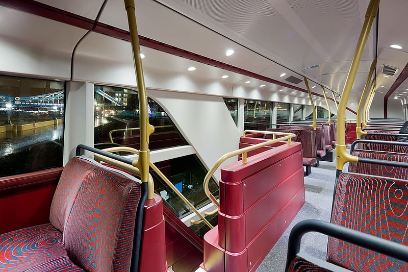 Inside the bus, Seats, Red, Transport, Stairs, Bus, Windows, Inside, HD wallpaper