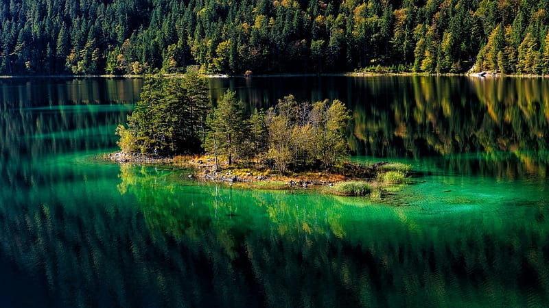 Eibsee (Bavaria, Germany), lake, forest, autumn, germany, nature, reflection, trees, HD wallpaper