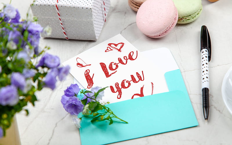 I love you, romantic letter, blue envelope, purple flowers, love concepts, HD wallpaper