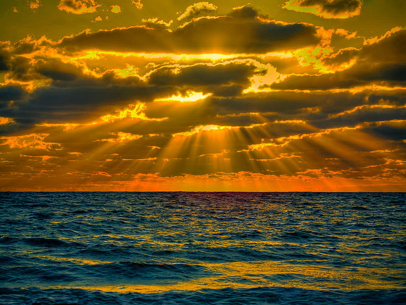 Sunrise over the Atlantic ocean, sun, ocean, sky, clouds, sunstream, water, nature, sunrise, atlantic, HD wallpaper