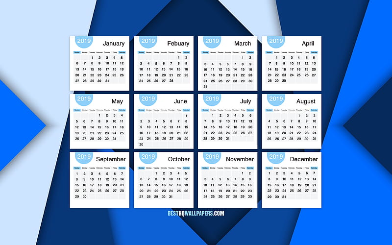 Calendar 2019 blue material design, 2019 Yearly Calendar, creative, abstract art, Year 2019 Calendar, artwork, 2019 calendars, material design, 2019 calendar, HD wallpaper