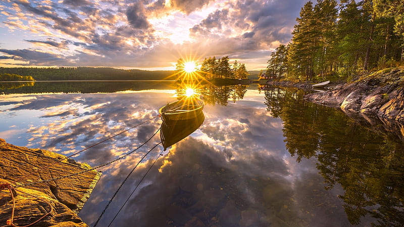 Ringerike, Norway, boat, trees, clouds, landscape, sky, sun ...