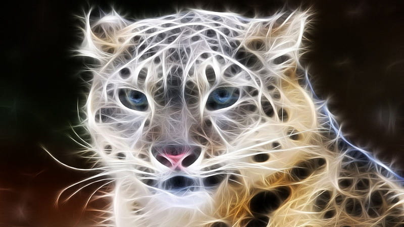 Snow Leopard, leopard, red, brown, orange, livingdoll, big, spots, fractal, pink, blue, big cat, black, tan, cat, snow, white, HD wallpaper