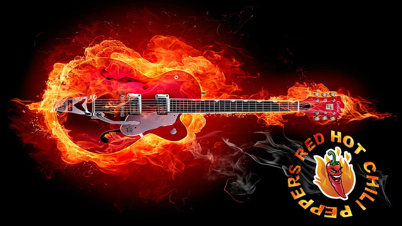 Red Hot Chili Pepper Guitar, Bridge, Strings, Peppers, Hot, Guitar, Red Flames, Red, Fire, Music, Group, HD wallpaper
