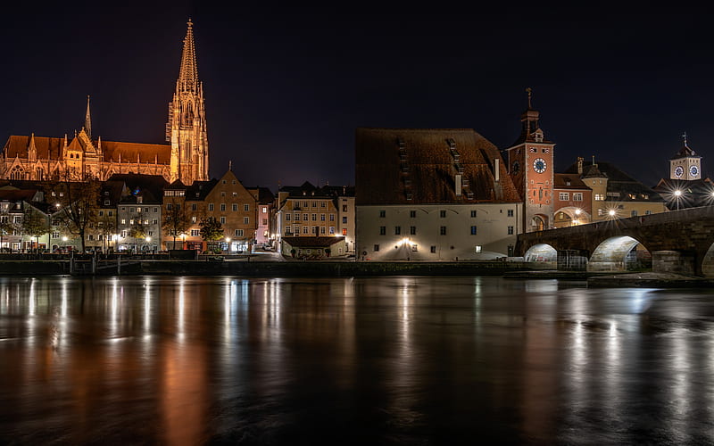 Regensburg, Danube, Regensburg Cathedral, Gothic architecture, evening, river, Regensburg cityscape, Regensburg landmark, Germany, HD wallpaper