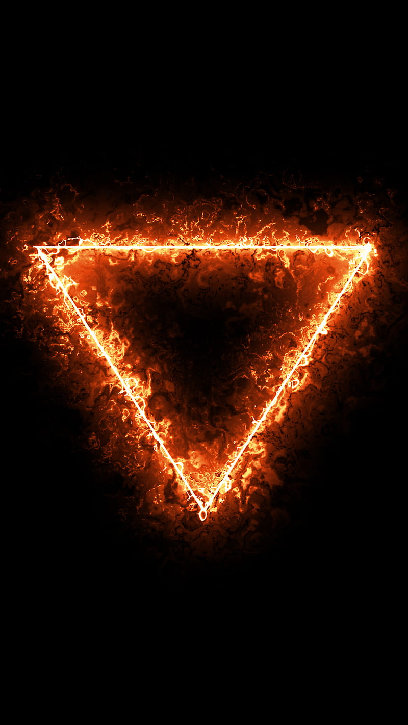 Triangle Fire, 0010, Triangle, abstract, black, burn, burning, dark, fire, geometry, orange, red, forma, sharp, HD phone wallpaper