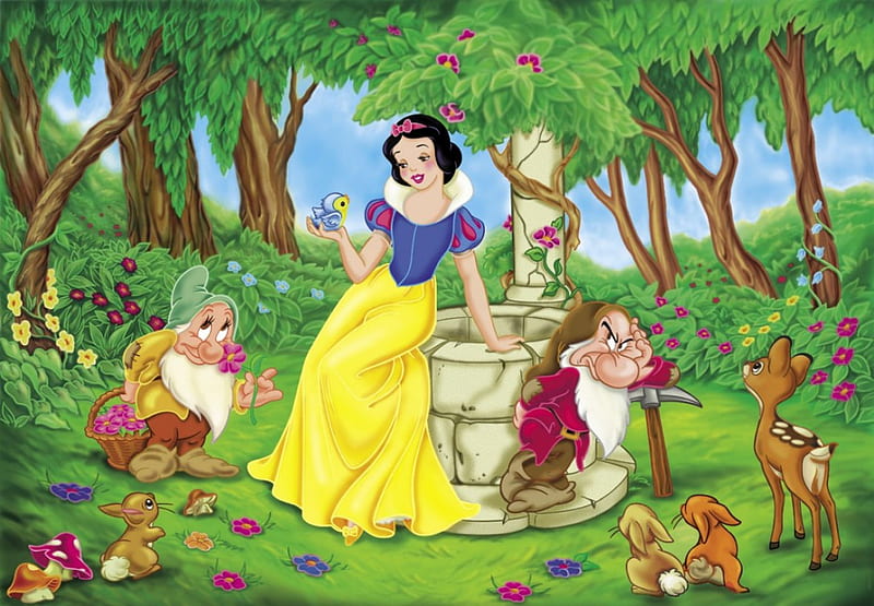 Snow White, dwarfs, rabbit, woods, flowers, deer, HD wallpaper