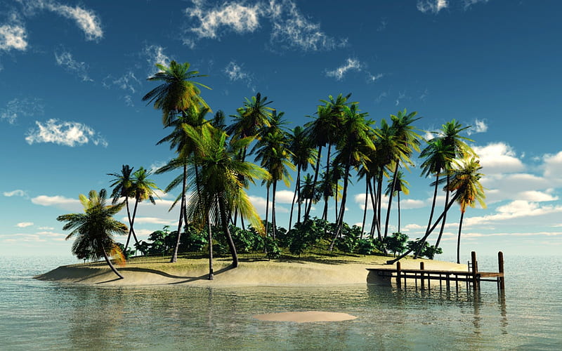 Desert Island, South Pacific, sand, sea, palms, pier, HD wallpaper
