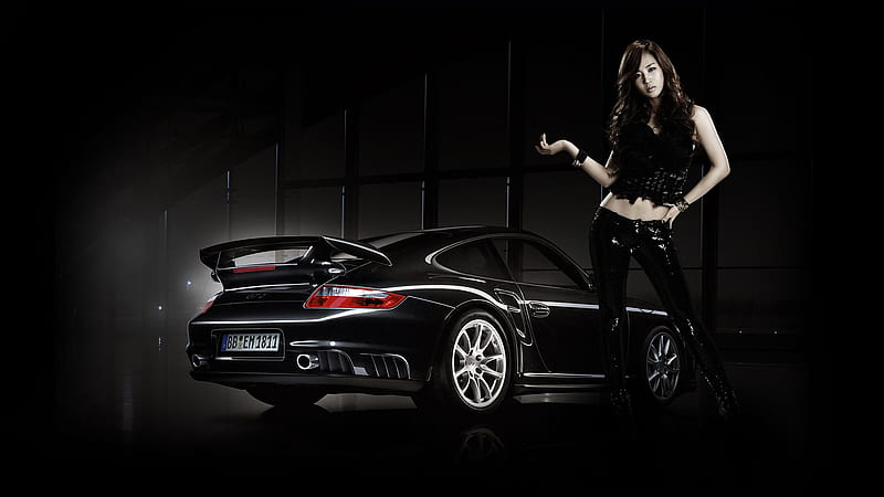 Porsche Black, Model, Sporty, Asain, Sexy, HD wallpaper