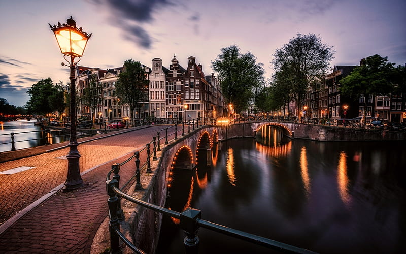 Amsterdam, bridge, canals, street, night, Netherlands, Holland, Europe, HD wallpaper