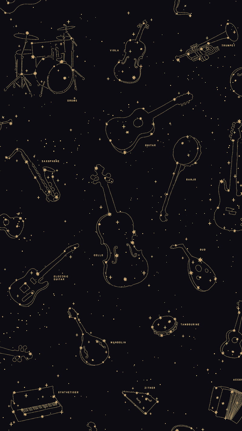 Music Constellations, Florent, Music, astrology, astronomy, cello, chart, classical, constellation, espace, guitar, heaven, instrument, jazz, map, pattern, piano, sky, space, star, stars, vintage, HD phone wallpaper