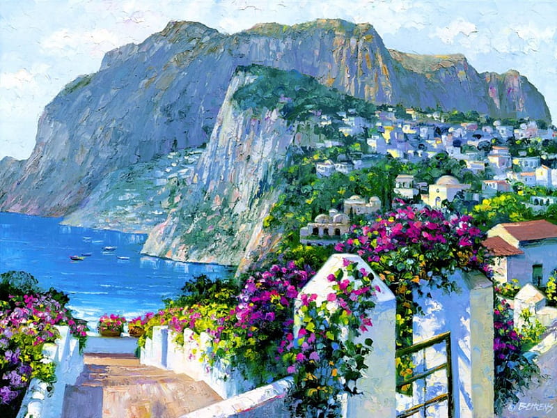 Hills of Capri, fence, rocks, shore, peninsula, bonito, sea, mountain, painting, village, flowers, italy, art, hills, view, town, lake, summer, coast, HD wallpaper
